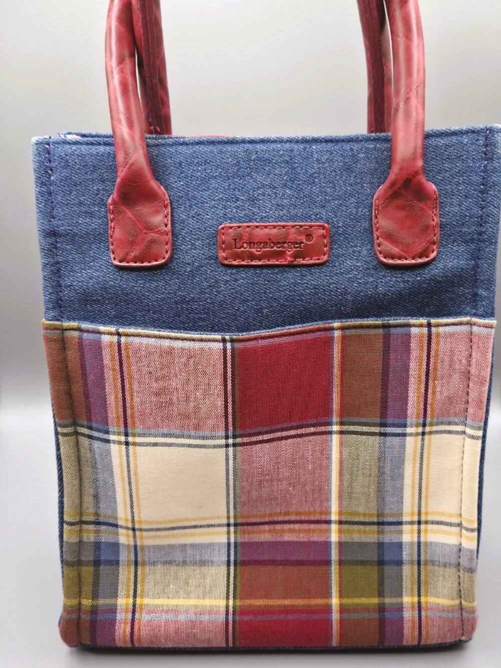 Longaberger Mini Tote Denim Plaid Bag Red Leather Trim Small America Classic - Picture 9 of 9